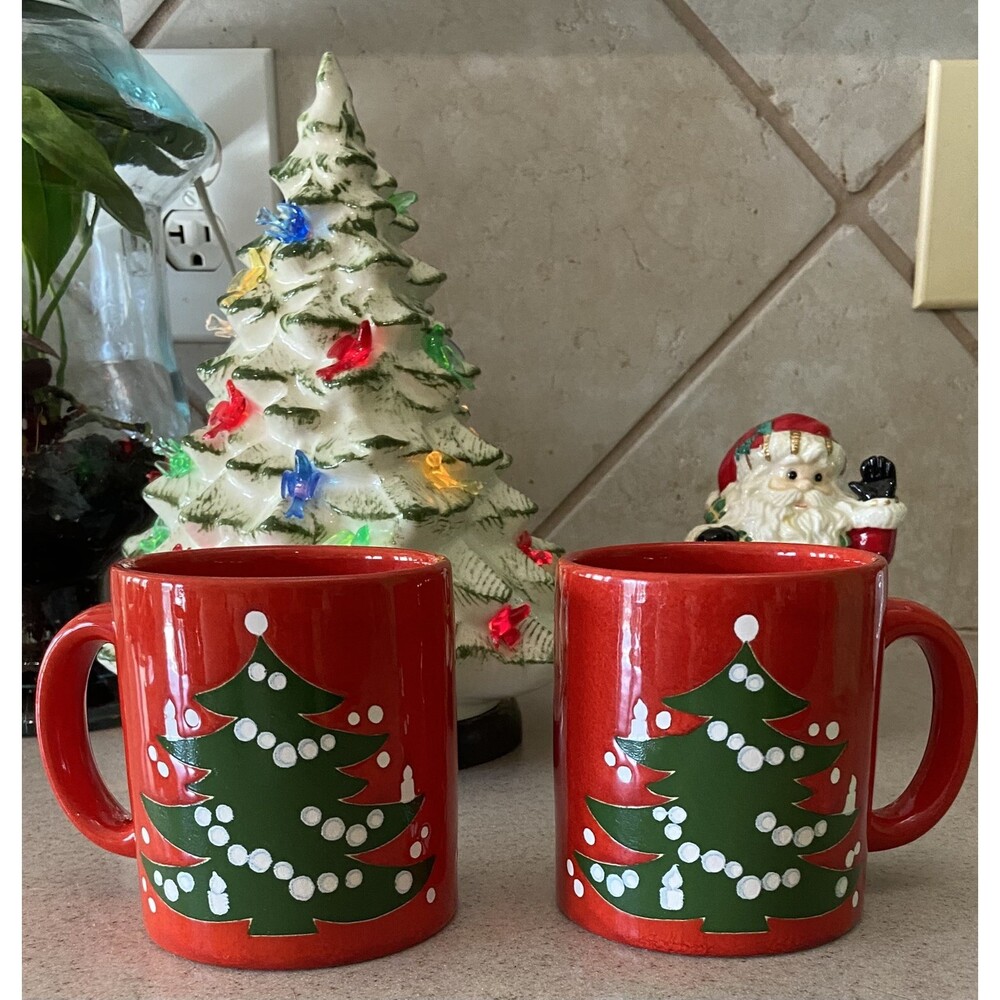 Vintage, Waechtersbach, Coffee, Tea, Mug, Cup, Red, "Christmas Tree" Germany X2